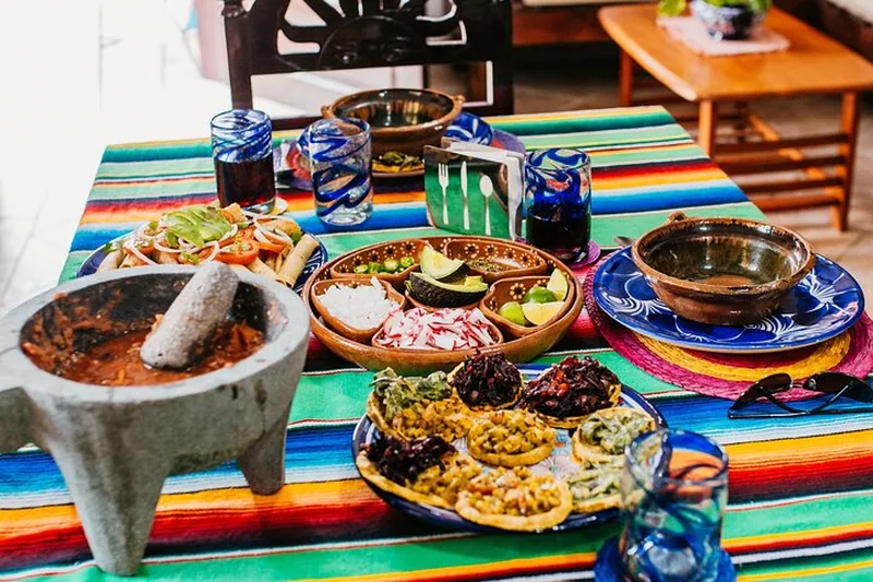 Mexican cooking class table with a molcajete, tortillas and salsas in Playa del Carmen, Mexico